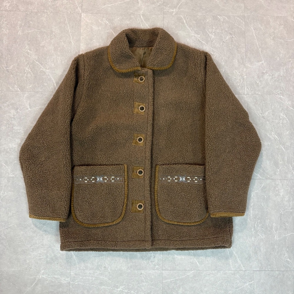 Vintage Brown Sherpa Fleece Jacket Corduroy Trim Embroidered Pockets Large